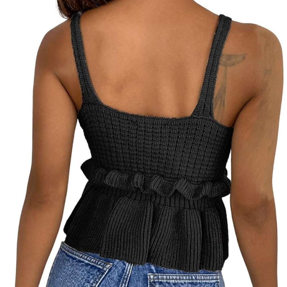 Amazon Sweaty Rocks Black Waffle Ruffle Hem Peplum Cropped Knit Tank Top Size M - Picture 6 of 9